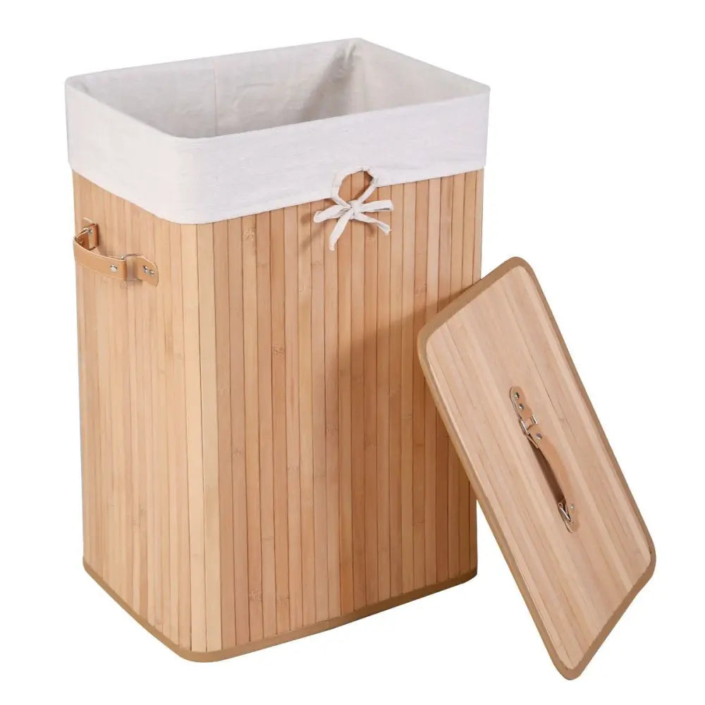 Rectangle Bamboo Hamper Laundry Basket Washing Cloth Bin Storage Bag Lid 3 color-Natural - Natural - Laundry Baskets