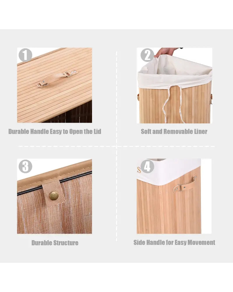 Rectangle Bamboo Hamper Laundry Basket Washing Cloth Bin Storage Bag Lid 3 color-Natural - Natural - Laundry Baskets
