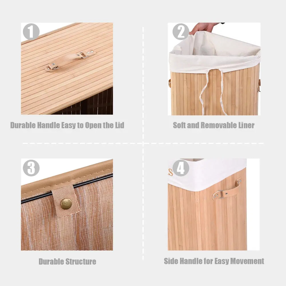 Rectangle Bamboo Hamper Laundry Basket Washing Cloth Bin Storage Bag Lid 3 color-Natural - Natural - Laundry Baskets