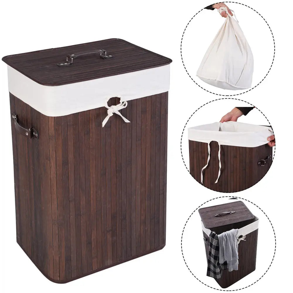 Rectangle Bamboo Hamper Laundry Basket Washing Cloth Bin Storage Bag Lid-Brown - Brown - Laundry Baskets