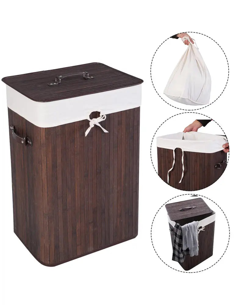 Rectangle Bamboo Hamper Laundry Basket Washing Cloth Bin Storage Bag Lid-Brown - Brown - Laundry Baskets