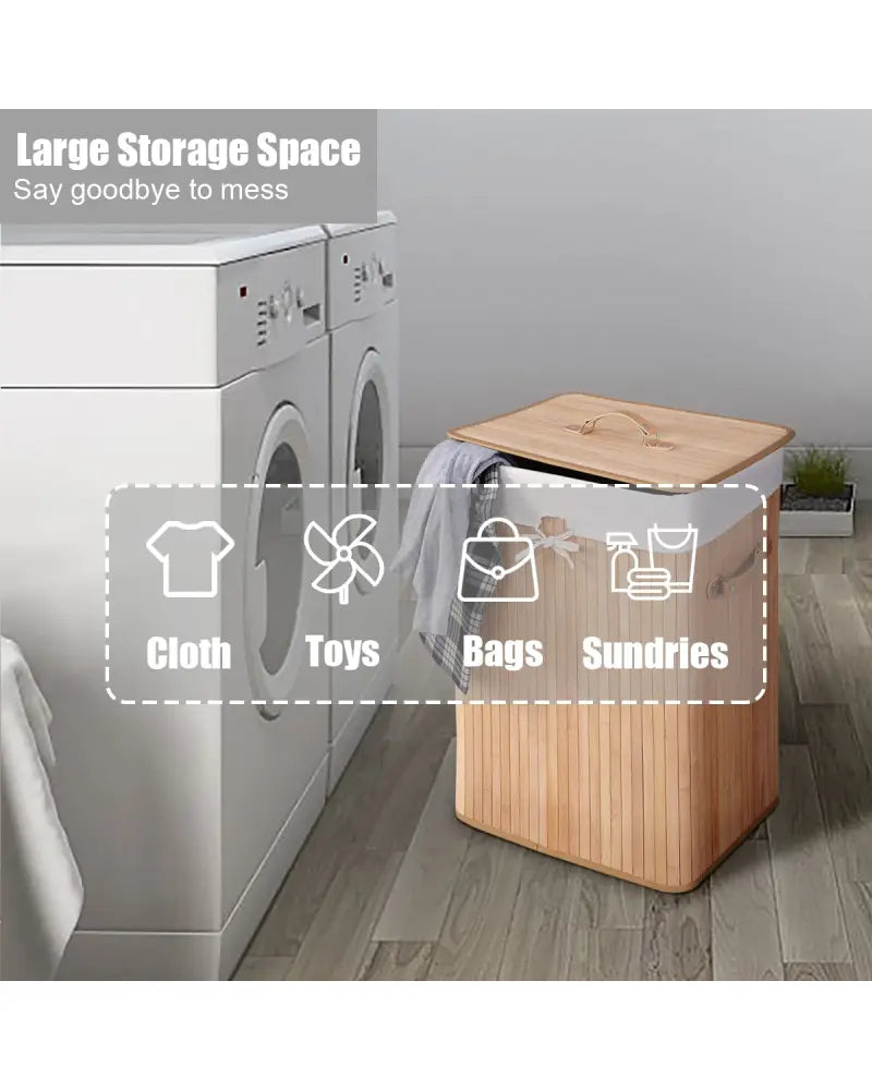 Rectangle Bamboo Hamper Laundry Basket Washing Cloth Bin Storage Bag Lid 3 color-Natural - Natural - Laundry Baskets
