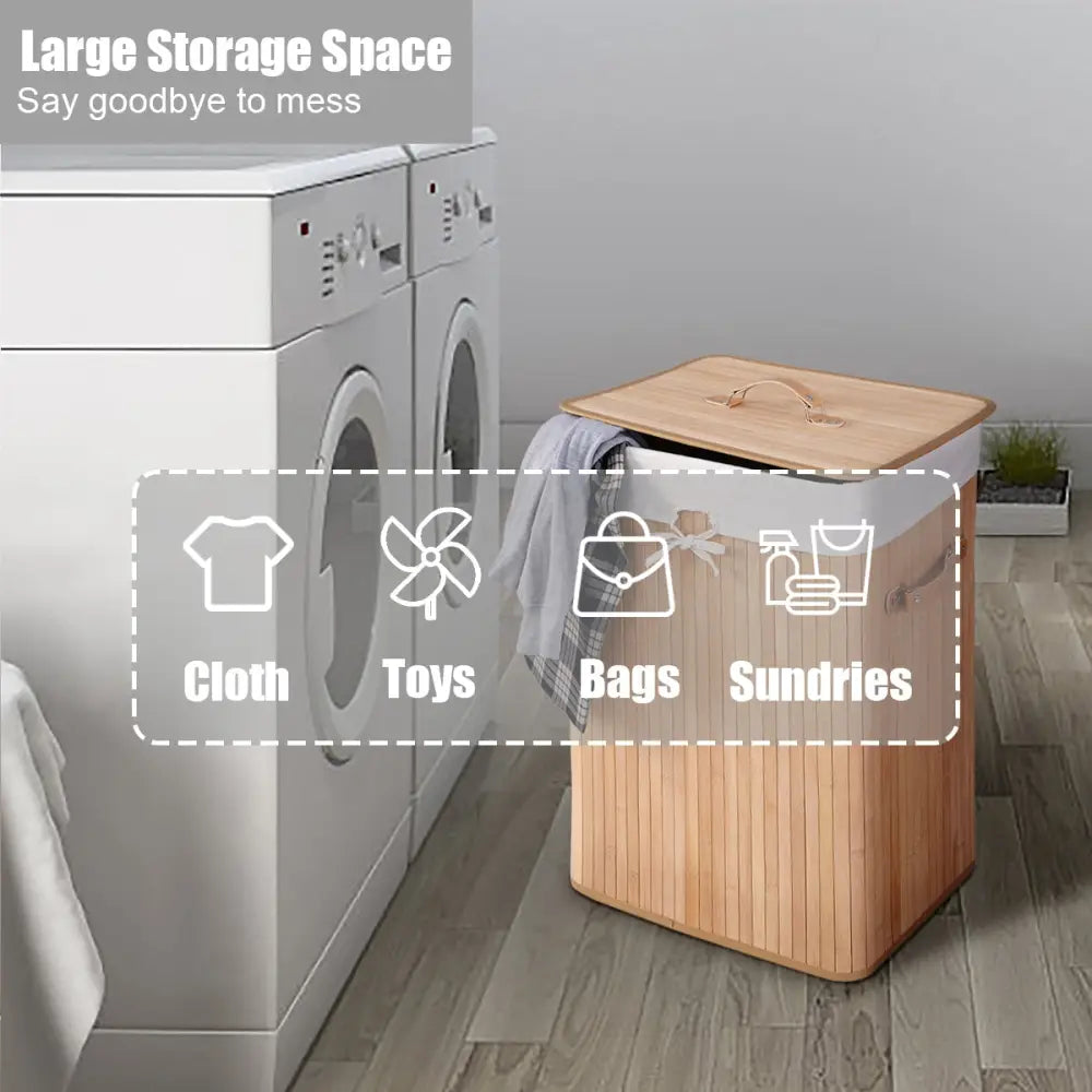 Rectangle Bamboo Hamper Laundry Basket Washing Cloth Bin Storage Bag Lid 3 color-Natural - Natural - Laundry Baskets