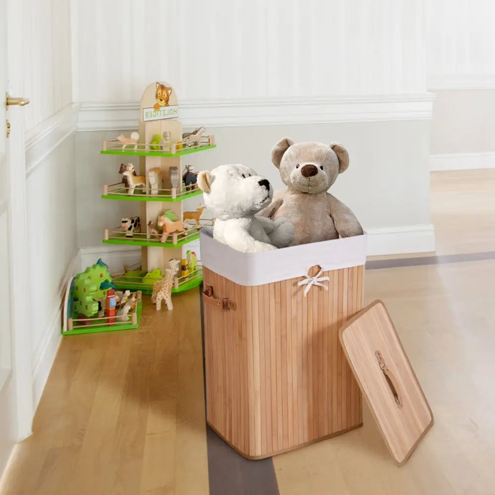 Rectangle Bamboo Hamper Laundry Basket Washing Cloth Bin Storage Bag Lid 3 color-Natural - Natural - Laundry Baskets