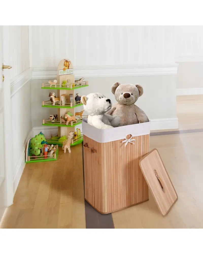 Rectangle Bamboo Hamper Laundry Basket Washing Cloth Bin Storage Bag Lid 3 color-Natural - Natural - Laundry Baskets