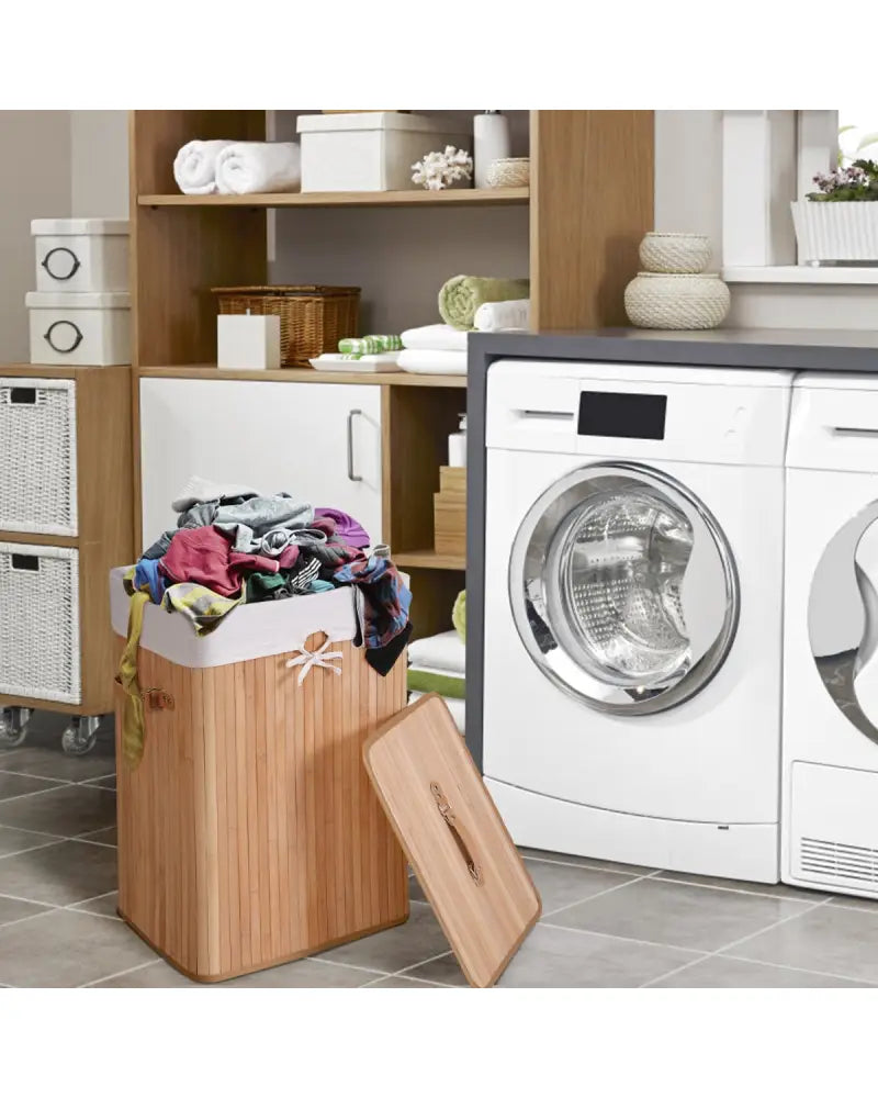Rectangle Bamboo Hamper Laundry Basket Washing Cloth Bin Storage Bag Lid 3 color-Natural - Natural - Laundry Baskets