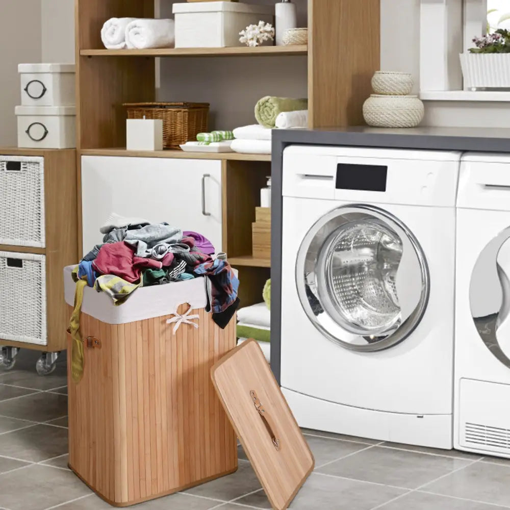 Rectangle Bamboo Hamper Laundry Basket Washing Cloth Bin Storage Bag Lid 3 color-Natural - Natural - Laundry Baskets