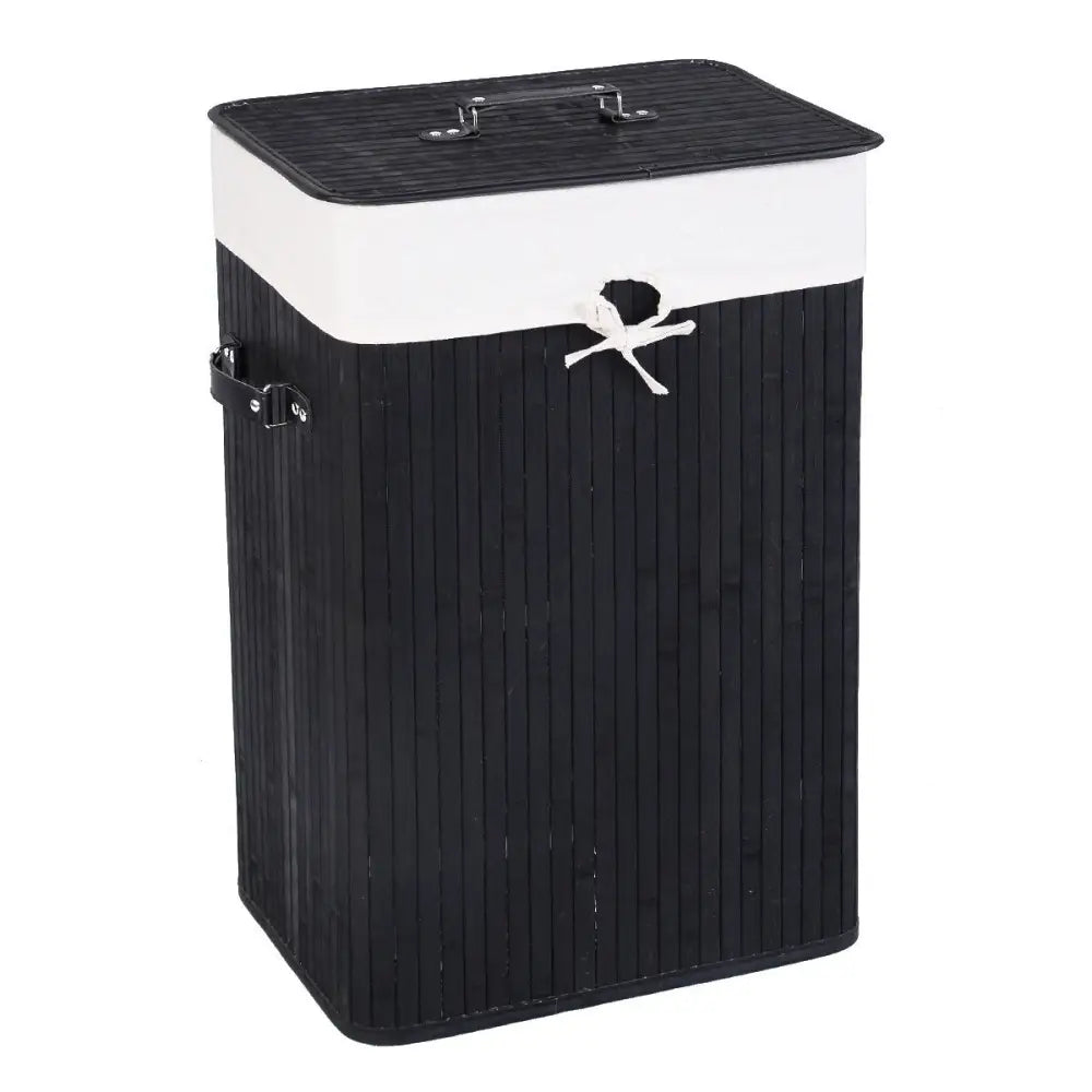 Rectangle Bamboo Hamper Laundry Basket Washing Cloth Bin Storage Bag Lid 3 color-Black - Black - Laundry Baskets