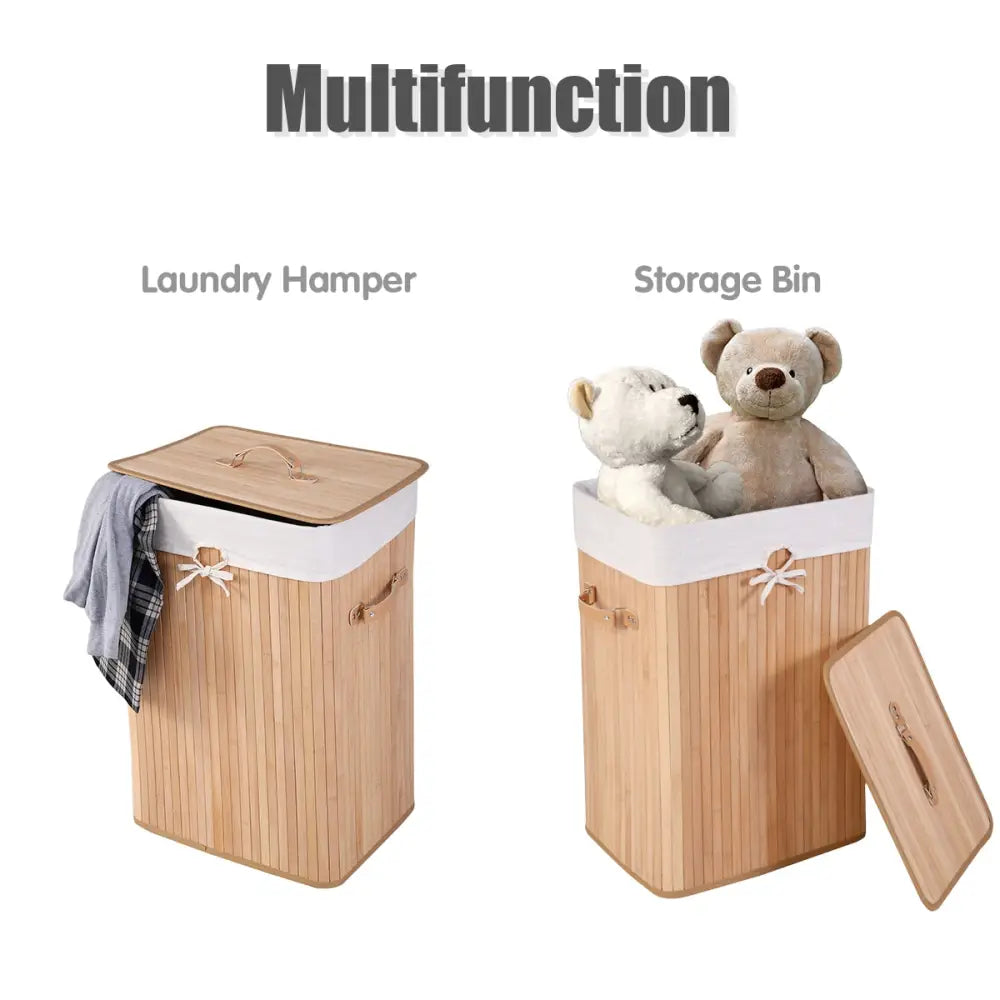 Rectangle Bamboo Hamper Laundry Basket Washing Cloth Bin Storage Bag Lid 3 color-Natural - Natural - Laundry Baskets
