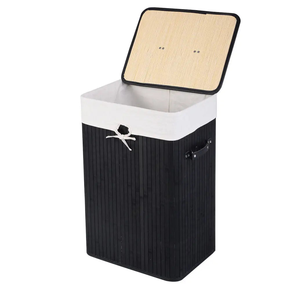Rectangle Bamboo Hamper Laundry Basket Washing Cloth Bin Storage Bag Lid 3 color-Black - Black - Laundry Baskets