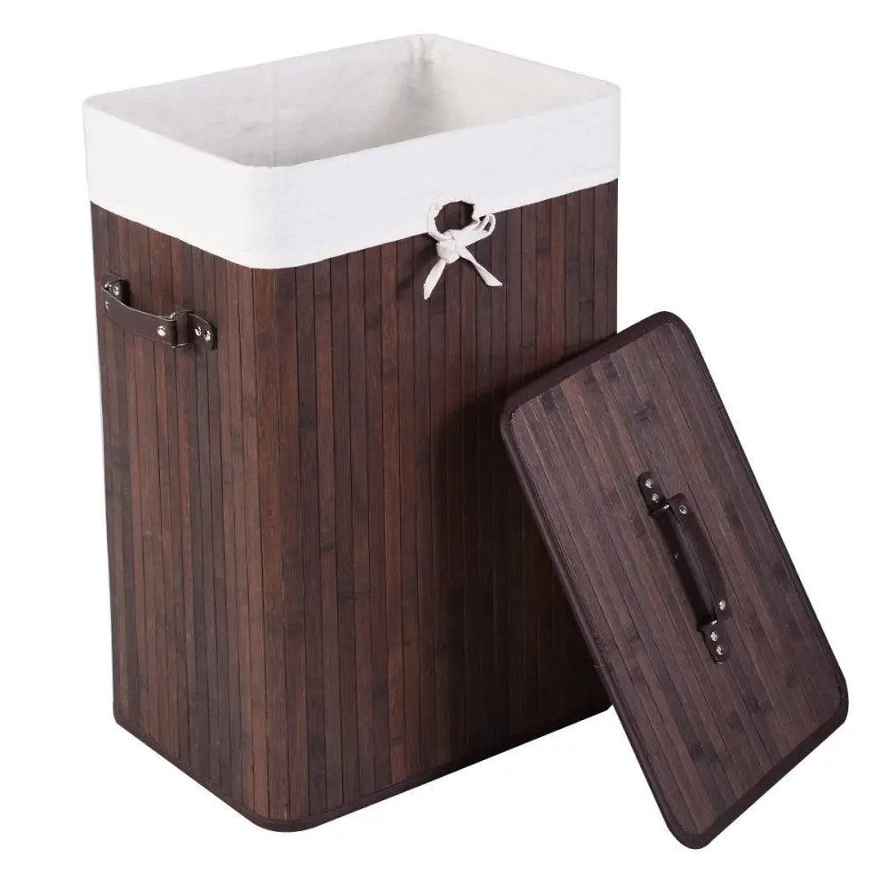 Rectangle Bamboo Hamper Laundry Basket Washing Cloth Bin Storage Bag Lid-Brown - Brown - Laundry Baskets