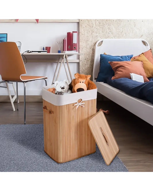 Rectangle Bamboo Hamper Laundry Basket Washing Cloth Bin Storage Bag Lid 3 color-Natural - Natural - Laundry Baskets