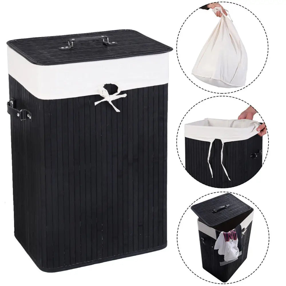 Rectangle Bamboo Hamper Laundry Basket Washing Cloth Bin Storage Bag Lid 3 color-Black - Black - Laundry Baskets