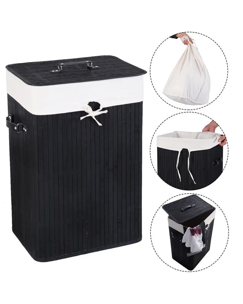 Rectangle Bamboo Hamper Laundry Basket Washing Cloth Bin Storage Bag Lid 3 color-Black - Black - Laundry Baskets