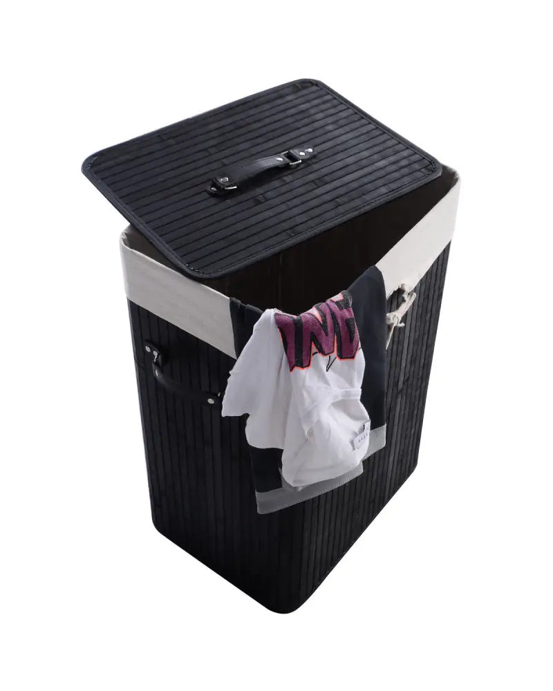 Rectangle Bamboo Hamper Laundry Basket Washing Cloth Bin Storage Bag Lid 3 color-Black - Black - Laundry Baskets