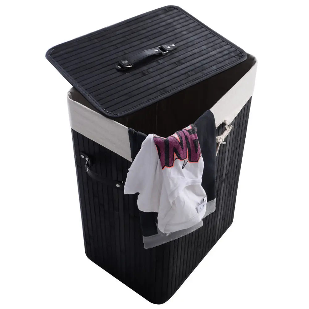 Rectangle Bamboo Hamper Laundry Basket Washing Cloth Bin Storage Bag Lid 3 color-Black - Black - Laundry Baskets