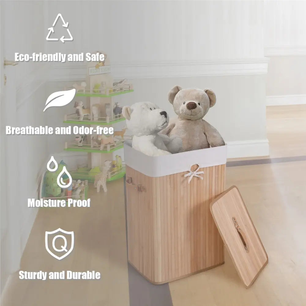 Rectangle Bamboo Hamper Laundry Basket Washing Cloth Bin Storage Bag Lid 3 color-Natural - Natural - Laundry Baskets