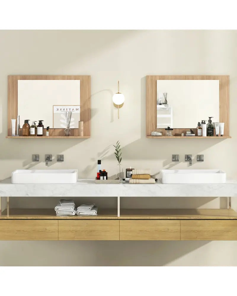 Rectangle Bathroom Mirror with Shelf 23.5 x 17.5 Inch and Wood Frame-Brown - Brown - Wall Mirrors