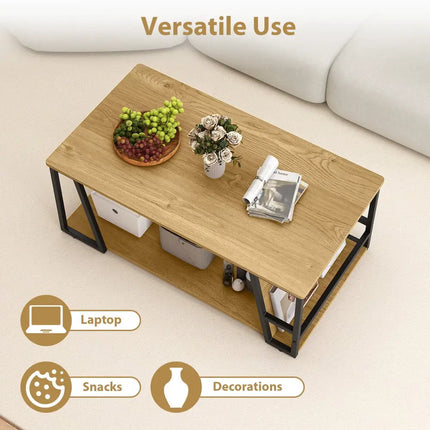 Rectangle Coffee Table 2-tier Industrial Accent Table with Storage Shelf and Compartment-Natural - Natural - Coffee