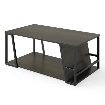 Rectangle Coffee Table 2-tier Industrial Accent Table with Storage Shelf and Compartment-Brown - Brown - Coffee Tables
