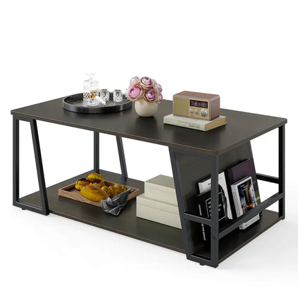 Rectangle Coffee Table 2-tier Industrial Accent Table with Storage Shelf and Compartment-Brown - Brown - Coffee Tables