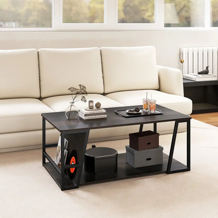 Rectangle Coffee Table 2-tier Industrial Accent Table with Storage Shelf and Compartment-Brown - Brown - Coffee Tables