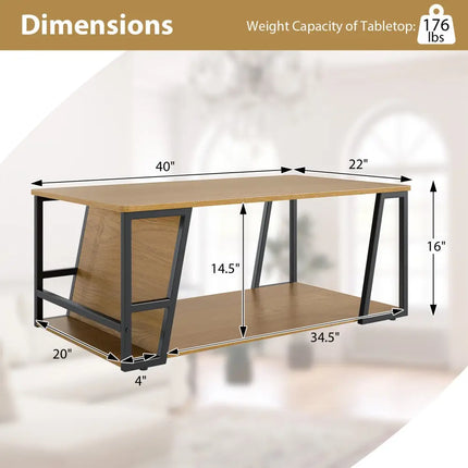 Rectangle Coffee Table 2-tier Industrial Accent Table with Storage Shelf and Compartment-Natural - Natural - Coffee
