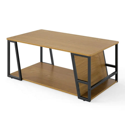 Rectangle Coffee Table 2-tier Industrial Accent Table with Storage Shelf and Compartment-Natural - Natural - Coffee
