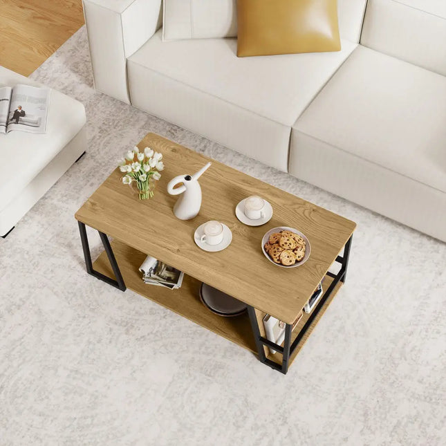 Rectangle Coffee Table 2-tier Industrial Accent Table with Storage Shelf and Compartment-Natural - Natural - Coffee