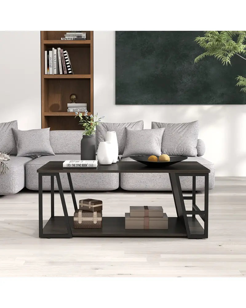 Rectangle Coffee Table 2-tier Industrial Accent Table with Storage Shelf and Compartment-Brown - Brown - Coffee Tables