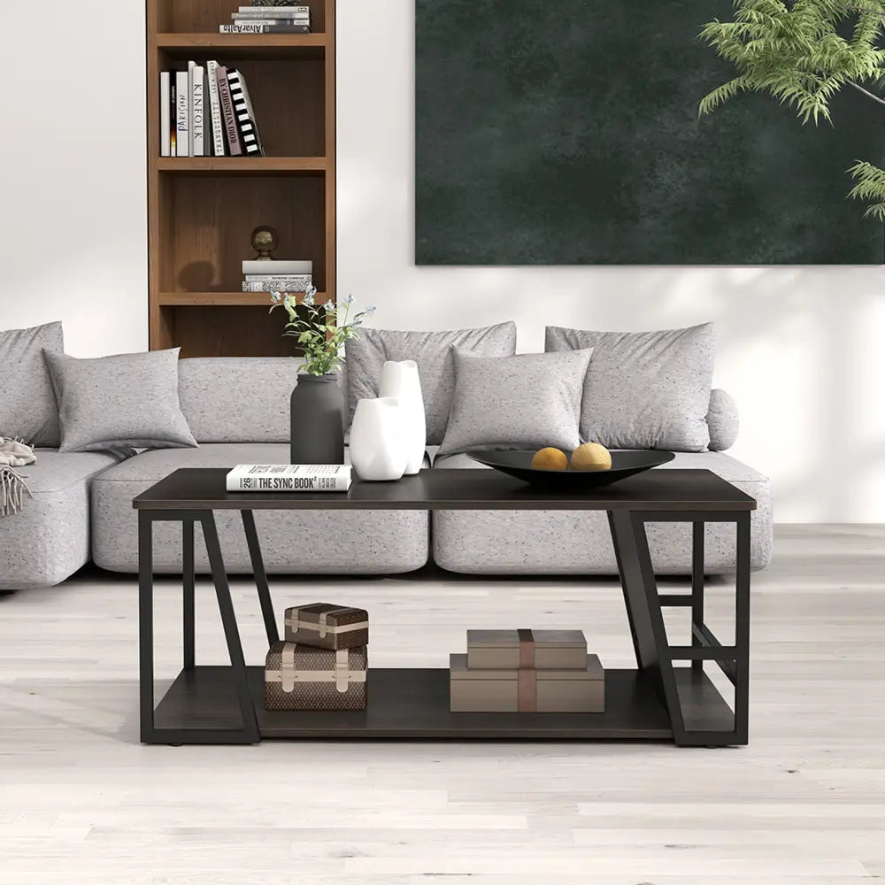 Rectangle Coffee Table 2-tier Industrial Accent Table with Storage Shelf and Compartment-Brown - Brown - Coffee Tables