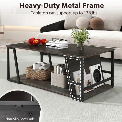Rectangle Coffee Table 2-tier Industrial Accent Table with Storage Shelf and Compartment-Brown - Brown - Coffee Tables
