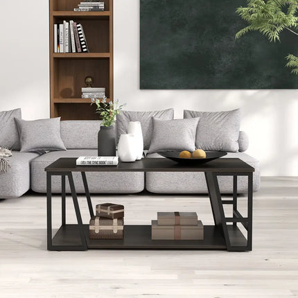 Rectangle Coffee Table 2-tier Industrial Accent Table with Storage Shelf and Compartment-Brown - Brown - Coffee Tables