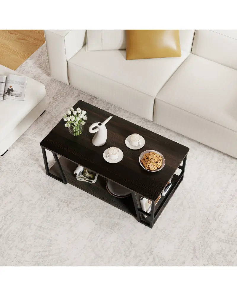 Rectangle Coffee Table 2-tier Industrial Accent Table with Storage Shelf and Compartment-Brown - Brown - Coffee Tables