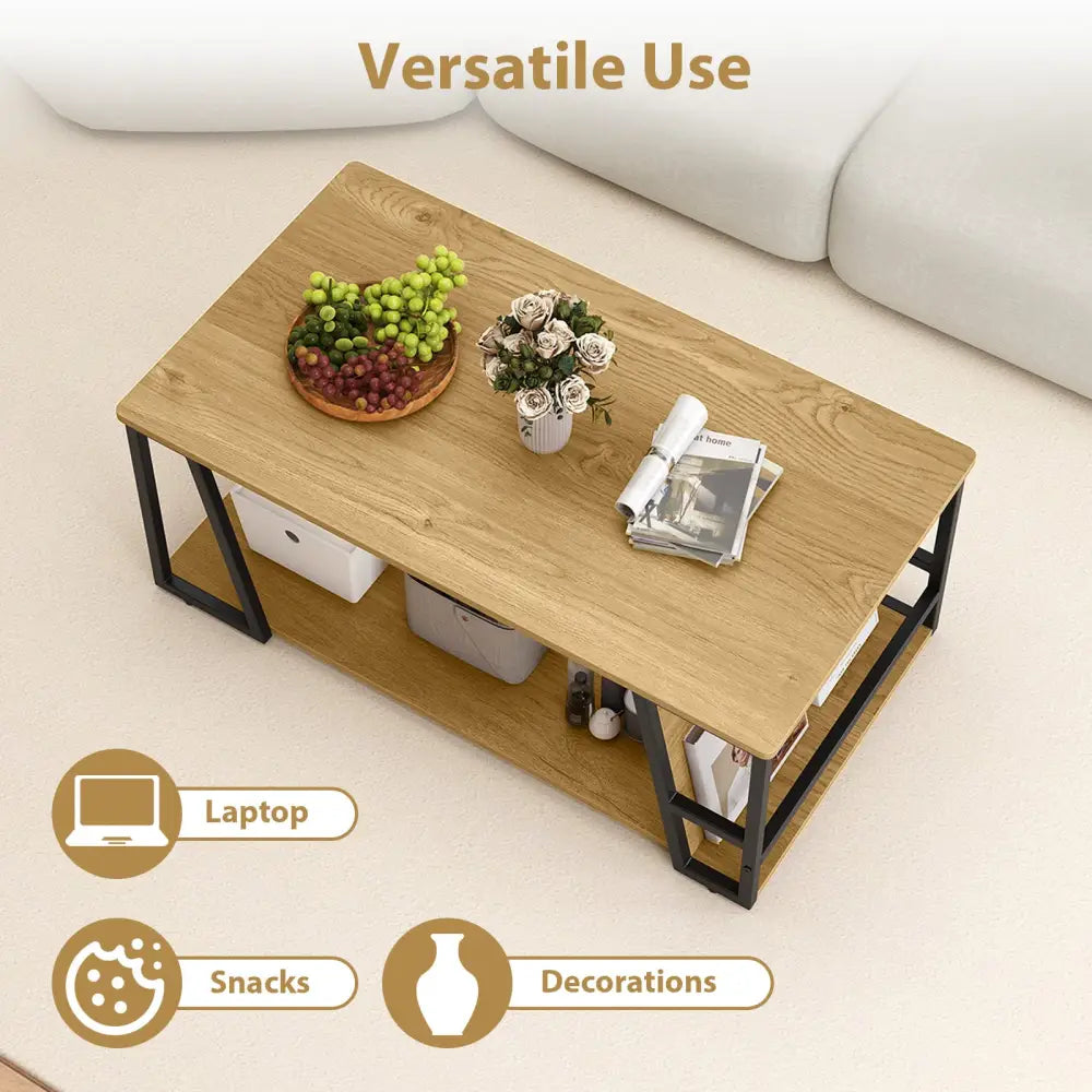 Rectangle Coffee Table 2-tier Industrial Accent Table with Storage Shelf and Compartment-Natural - Natural - Coffee