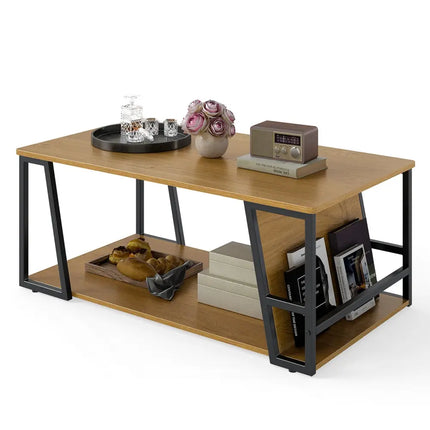 Rectangle Coffee Table 2-tier Industrial Accent Table with Storage Shelf and Compartment-Natural - Natural - Coffee