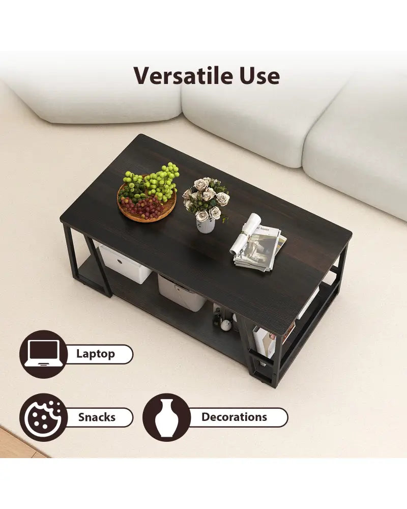 Rectangle Coffee Table 2-tier Industrial Accent Table with Storage Shelf and Compartment-Brown - Brown - Coffee Tables