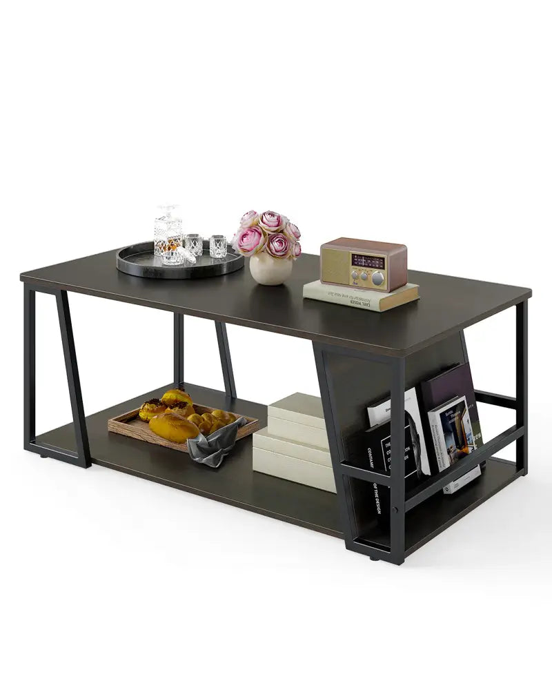Rectangle Coffee Table 2-tier Industrial Accent Table with Storage Shelf and Compartment-Brown - Brown - Coffee Tables