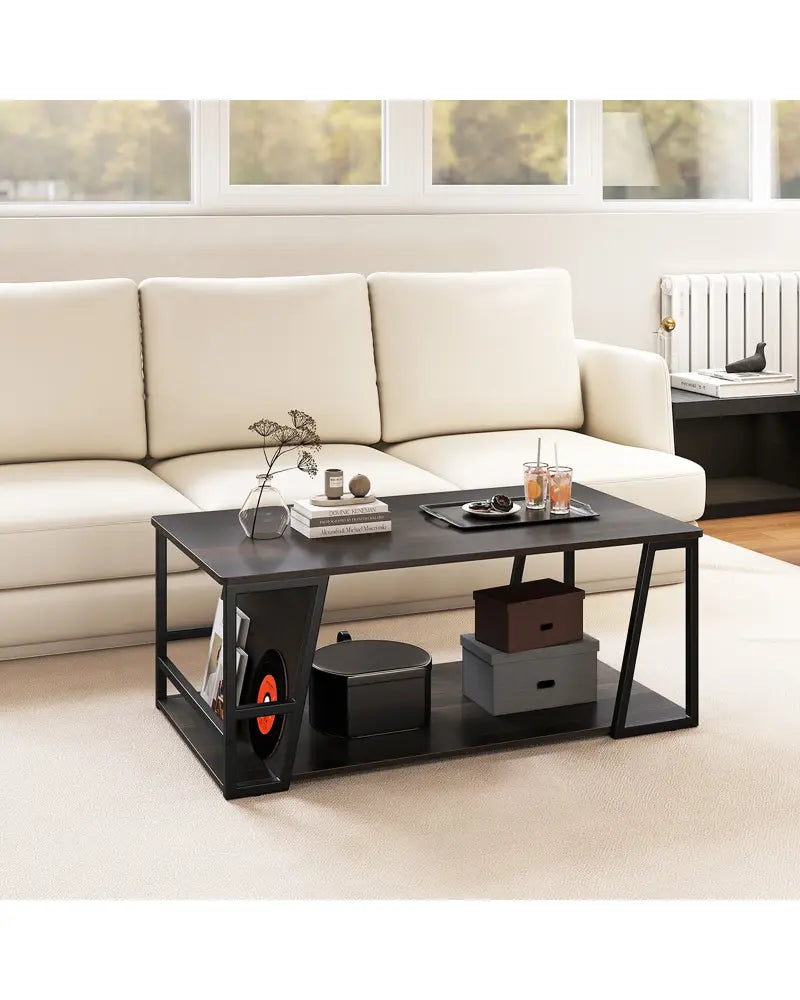 Rectangle Coffee Table 2-tier Industrial Accent Table with Storage Shelf and Compartment-Brown - Brown - Coffee Tables