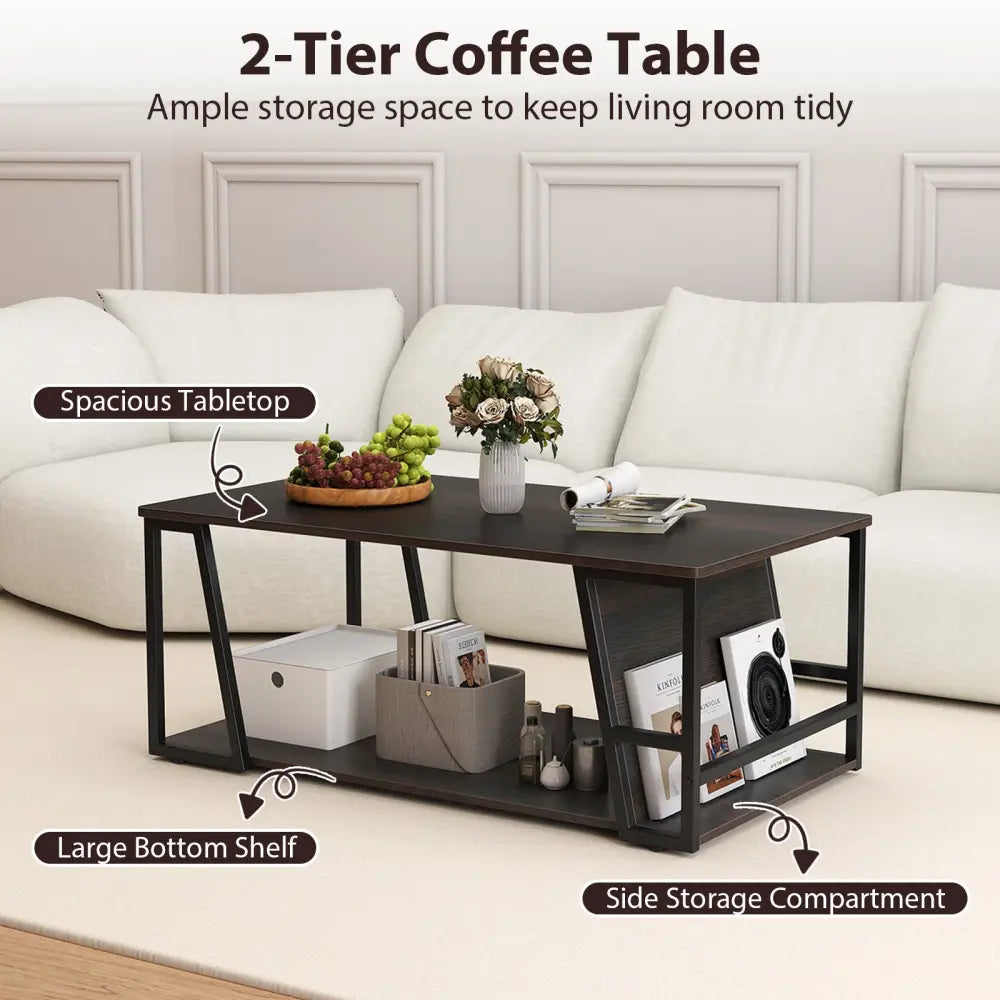 Rectangle Coffee Table 2-tier Industrial Accent Table with Storage Shelf and Compartment-Brown - Brown - Coffee Tables