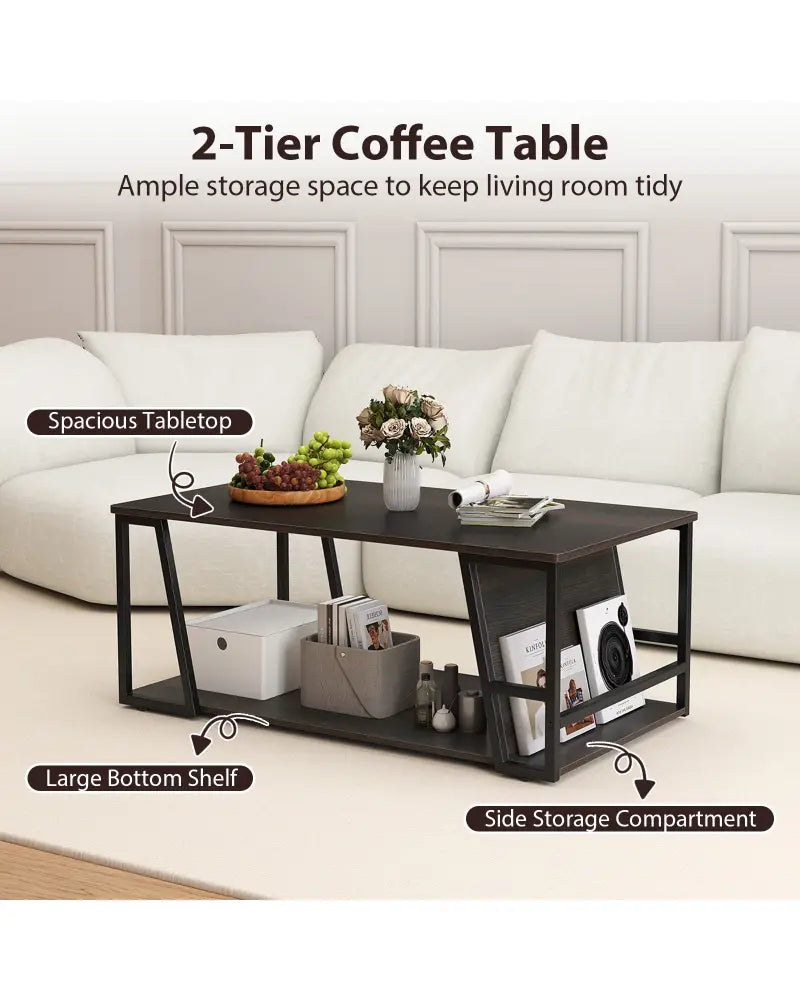 Rectangle Coffee Table 2-tier Industrial Accent Table with Storage Shelf and Compartment-Brown - Brown - Coffee Tables