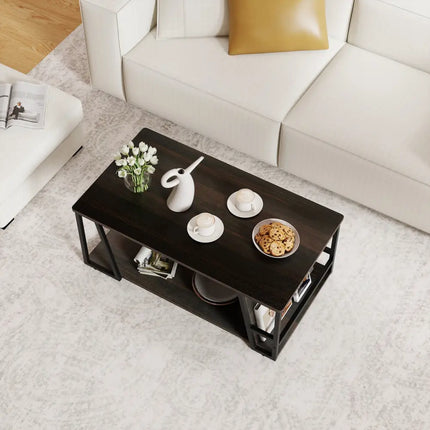 Rectangle Coffee Table 2-tier Industrial Accent Table with Storage Shelf and Compartment-Brown - Brown - Coffee Tables