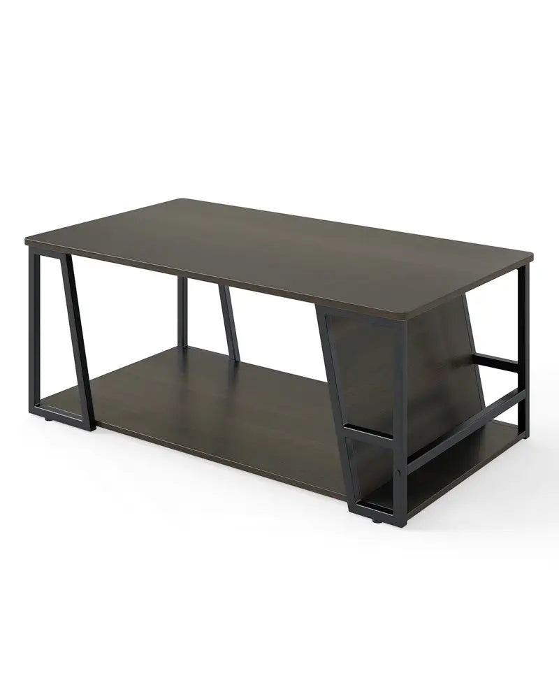 Rectangle Coffee Table 2-tier Industrial Accent Table with Storage Shelf and Compartment-Brown - Brown - Coffee Tables