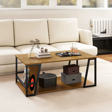 Rectangle Coffee Table 2-tier Industrial Accent Table with Storage Shelf and Compartment-Natural - Natural - Coffee