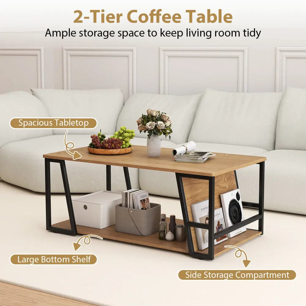 Rectangle Coffee Table 2-tier Industrial Accent Table with Storage Shelf and Compartment-Natural - Natural - Coffee