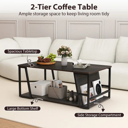 Rectangle Coffee Table 2-tier Industrial Accent Table with Storage Shelf and Compartment-Brown - Brown - Coffee Tables