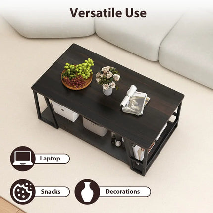 Rectangle Coffee Table 2-tier Industrial Accent Table with Storage Shelf and Compartment-Brown - Brown - Coffee Tables