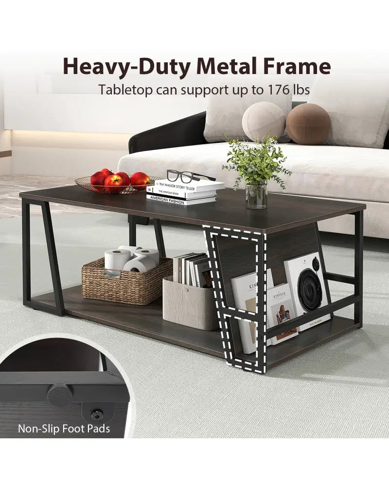 Rectangle Coffee Table 2-tier Industrial Accent Table with Storage Shelf and Compartment-Brown - Brown - Coffee Tables
