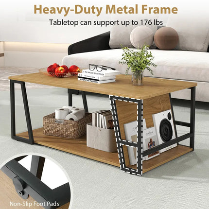 Rectangle Coffee Table 2-tier Industrial Accent Table with Storage Shelf and Compartment-Natural - Natural - Coffee
