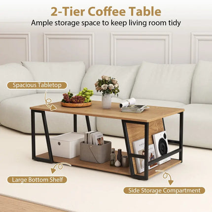 Rectangle Coffee Table 2-tier Industrial Accent Table with Storage Shelf and Compartment-Natural - Natural - Coffee